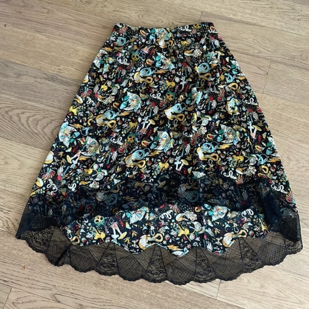 Zadig & Voltaire Skull Print High Low Midi Skirt Lace Hem Boho Gothic Designer - Picture 11 of 15